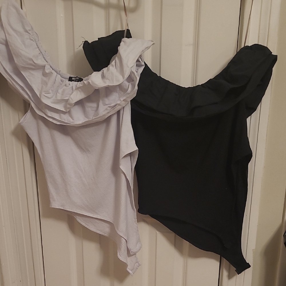Chic Ruffled Off-Shoulder Bodysuits - Black and White
